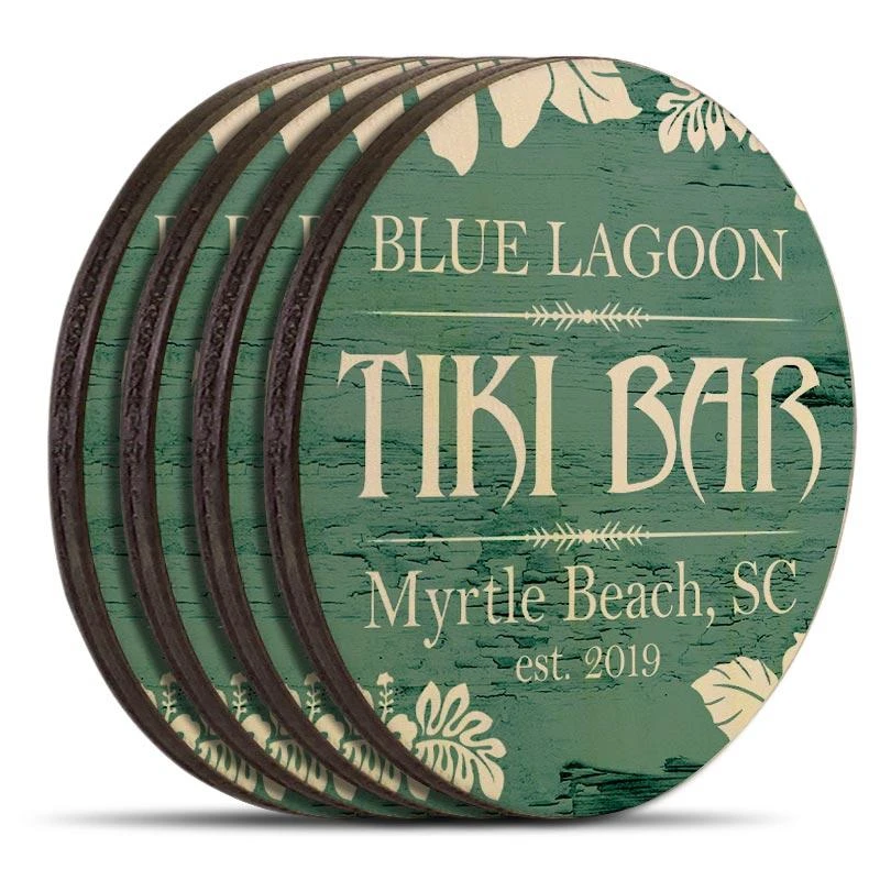 Budget ✨ Bars Customizable Wooden Coasters - Tiki Theme - Round - Set Of 4 ❤️